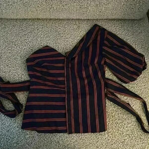 Topshop Women's Blue/Pink Stripe One Shoulder Puff Sleeve Top Size 8 Tie Waist